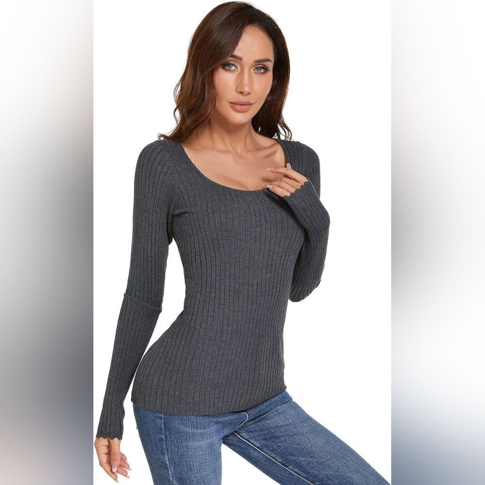 AmélieBoutik Women Scoop Neck Long Sleeve Scalloped Cuff Ribbed Sweater Gray S